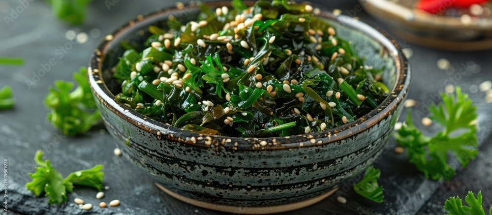 Poster Seaweed salad with sesame seeds in a bowl - Posters