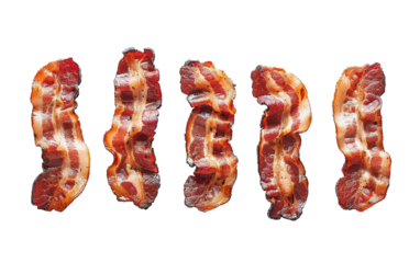 Slices of fresh fried bacon on transparent or white background
