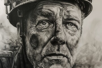 Expressive Portrait of a Weathered Miner with Helmet in a Textured Artistic Style