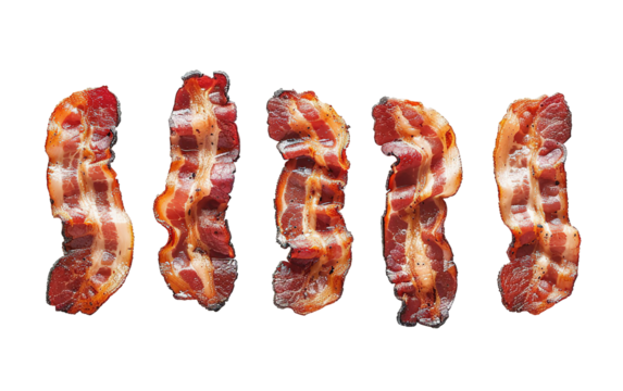 Slices of fresh fried bacon on transparent or white background