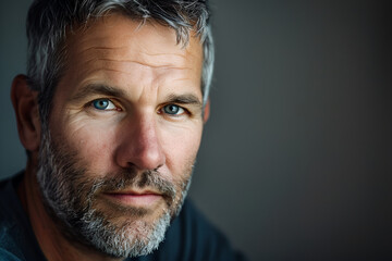 Obraz premium Serious older man, confident middle aged Caucasian male beauty model black t-shirt isolated on gray background. Copy space