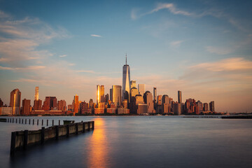 Long exposure of the Manhattan skyline viewed from Hoboken, New Jersey, at dusk.