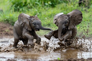 Fototapeta premium Joyful Baby Elephants Splashing in Mud Near a Waterhole