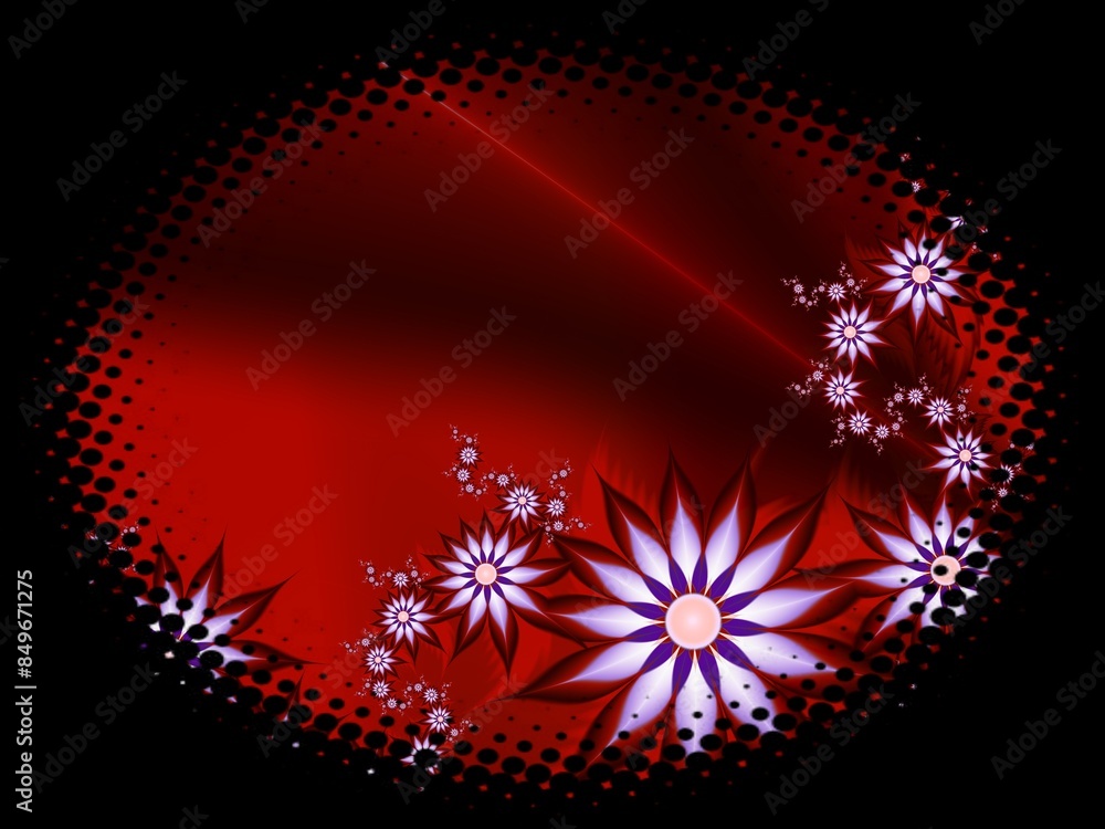 Poster fractal image in an oval frame with flowers on a dark background..template with place for inserting 