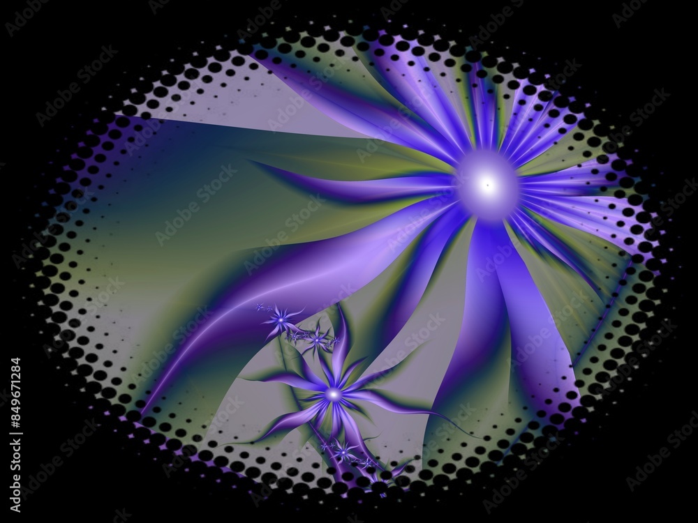 Poster fractal image in an oval frame with flowers on a dark background..template with place for inserting 