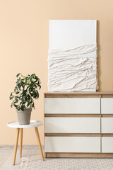 Houseplant, picture and chest of drawers near beige wall in stylish room