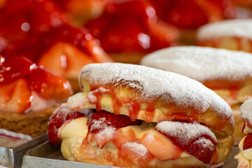 Dutch cuisine, fresh baked strawberry cake with cream and fresh fruits