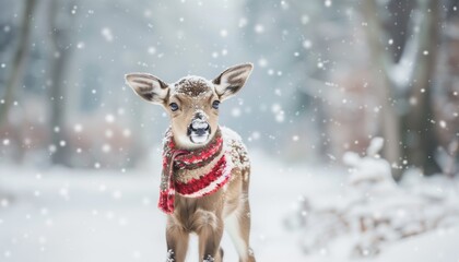 A Baby deer wearing a scarf stands in a snow covered forest