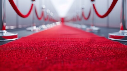 Elegant red carpet pathway with velvet ropes, perfect for luxury events, award shows, premieres, and glamorous affairs, symbolizing exclusivity.
