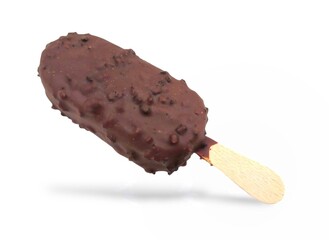 Photo of a chocolate and almond ice cream on a stick, isolated on white background.