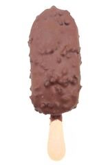 Photo of a chocolate and almond ice cream on a stick, isolated on white background.