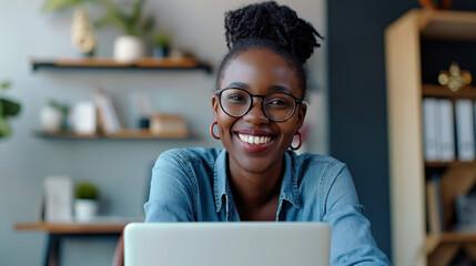 Smiling afro american woman with glasses working on laptop in cozy home office


