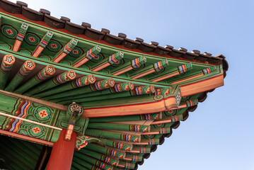 Korean architecture roof details at royal palace of Joseon dynasty in Seoul South Korea