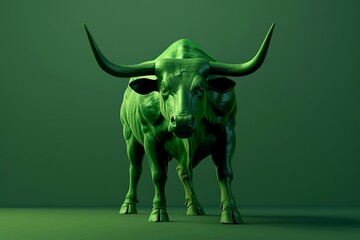 Green 3D-rendered bull statue on green background symbolizing strength, power, and financial growth, ideal for financial themes and designs.
