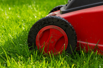Seasonal maintenance works in garden, lawn movers in action, green grass cutting, lawn care, English lawn
