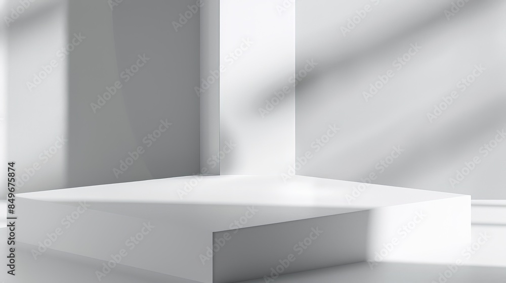 Poster minimalist white podium with soft light and shadows, abstract geometric background for product displ