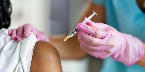 Closeup nurse doing injection wearing a light pink cosmetic glove, with syringe in hand of patient