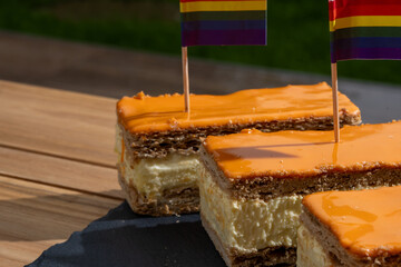 Celebration of the King birthday in Netherlands, tompoes or tompouce, iconic pastry in Netherlands...