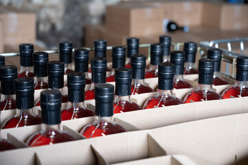 Storage of bottles of cognac spirit aged in French oak barrels in shop in distillery house, Cognac...