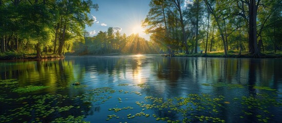 Obraz premium Serene sunset over a river in the forest