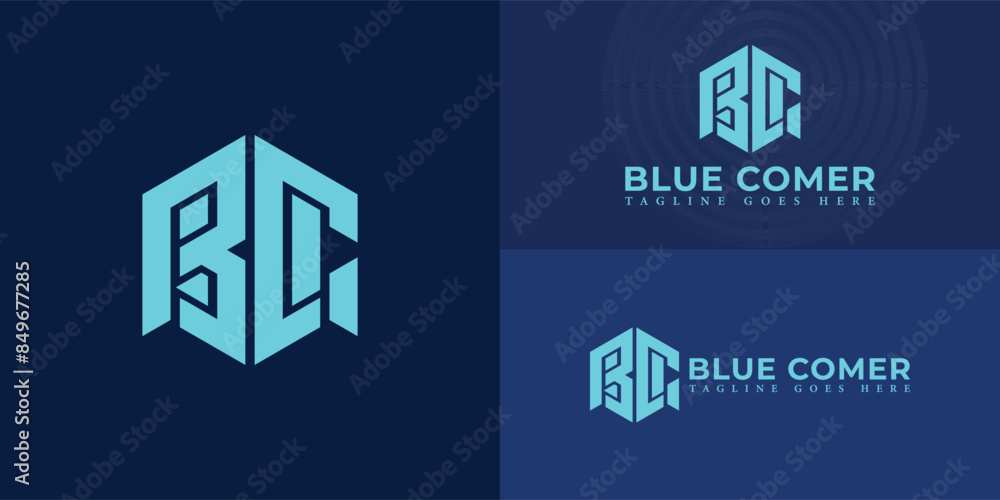 Poster abstract initial hexagon letters bc or cb logo in blue cyan color isolated on multiple background co