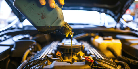 Male hand, mechanic pouring oil in the car engine