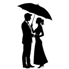 The couple is depicted holding an umbrella on their head in a romantic moment