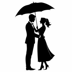The couple is depicted holding an umbrella on their head in a romantic moment