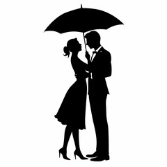 The couple is depicted holding an umbrella on their head in a romantic moment