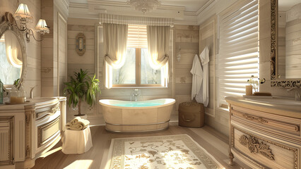Serene Soak: A Beige Bathroom Interior with Tub