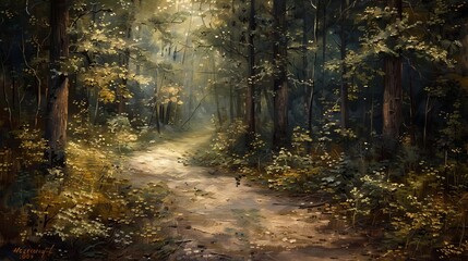 Fototapeta premium Rustic pathway through a forest, earthy tones, serene, realistic painting