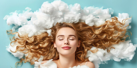 Sleeping happy woman head on the white fluffy cloud on colored background