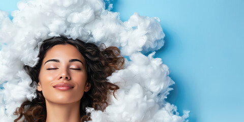 Sleeping happy woman head on the white fluffy cloud on colored background