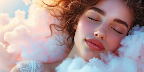 Sleeping happy woman head on the white fluffy cloud on colored background