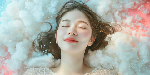 Sleeping happy woman head on the white fluffy cloud on colored background
