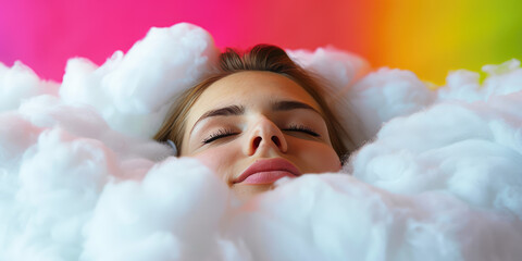 Sleeping happy woman head on the white fluffy cloud on colored background