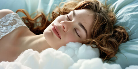 Sleeping happy woman head on the white fluffy cloud on colored background