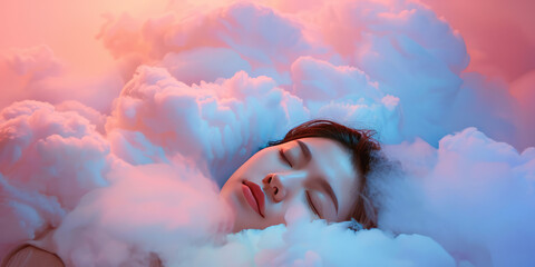 Sleeping happy woman head on the white fluffy cloud on colored background