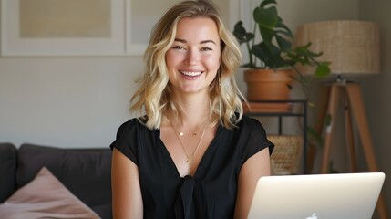 smiling woman in black top with blond hair sitting in front of a laptop in cozy living room at home with a plant in the background