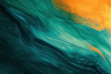 Abstract background formed by mixing emerald green and yellow paints, creating a mesmerizing blend of colors and fluid patterns