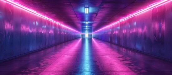Fototapeta premium Neon lights illuminate empty tunnel