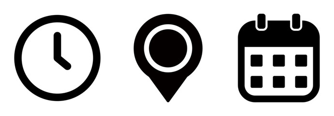 Time, address and date icon vector in flat style. Clock, pin map location, and calendar signs