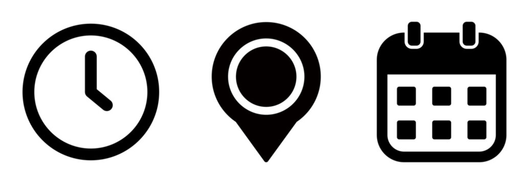 Time, address and date icon vector in flat style. Clock, pin map location, and calendar signs