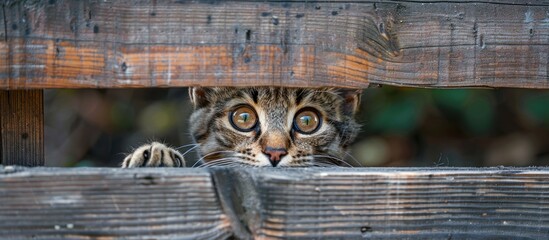 Tabby cat peeking through fence