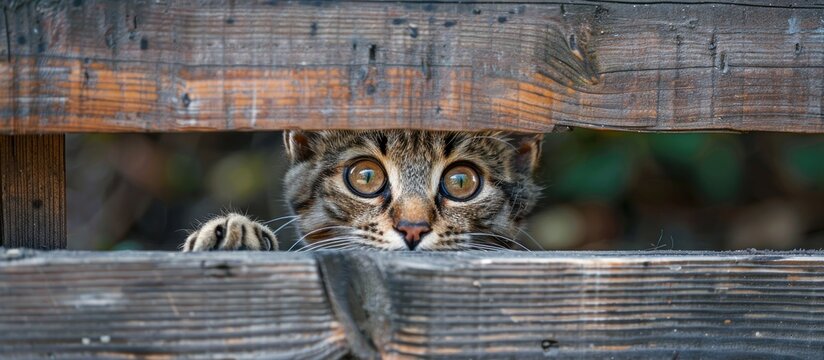 Tabby cat peeking through fence