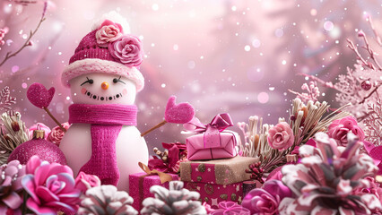Obraz premium Glittering Winter Wonderland: A Pink and White Snowman Amidst Gifts