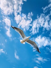Obraz premium panoramic view of seagull flying in the blue sky