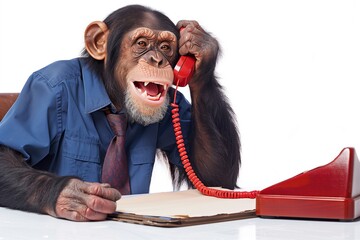 Chimpanzee sitting at a table is talking on the phone on a white background