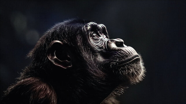 A side profile of a chimpanzee looking upwards, captured with detailed fur and facial expressions in a dimly lit setting.