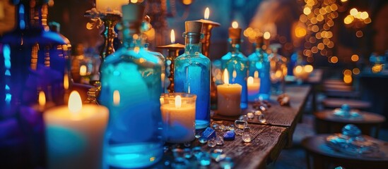 Recreation event table decor with candles and blue bottles